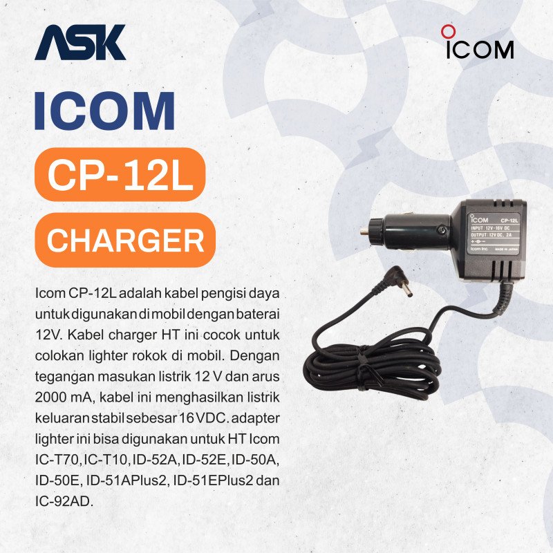Cigarette Lighter Cable CP-12L ICOM / Charger Mobil CP12L