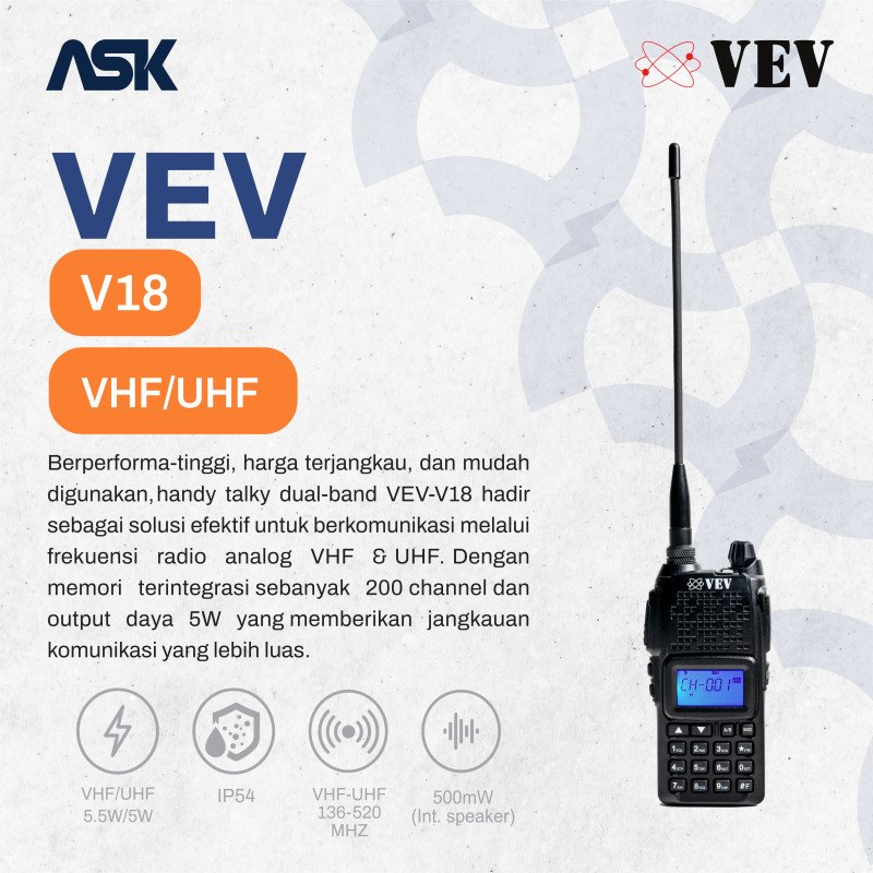 Handy Talky VEV - V18 Plus | Dual  VHF 136-174MHz UHF 400-480Mhz